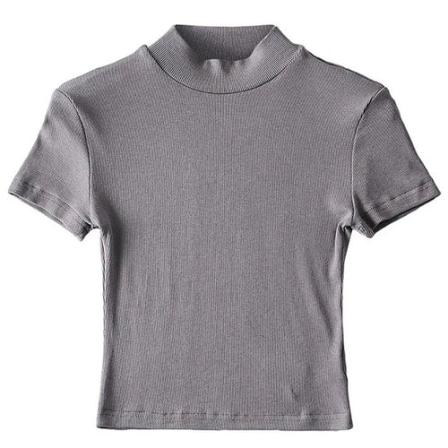 Load image into Gallery viewer, Women High Neck Fitted Short Sleeve T-shirt Rib Crop Rib Top
