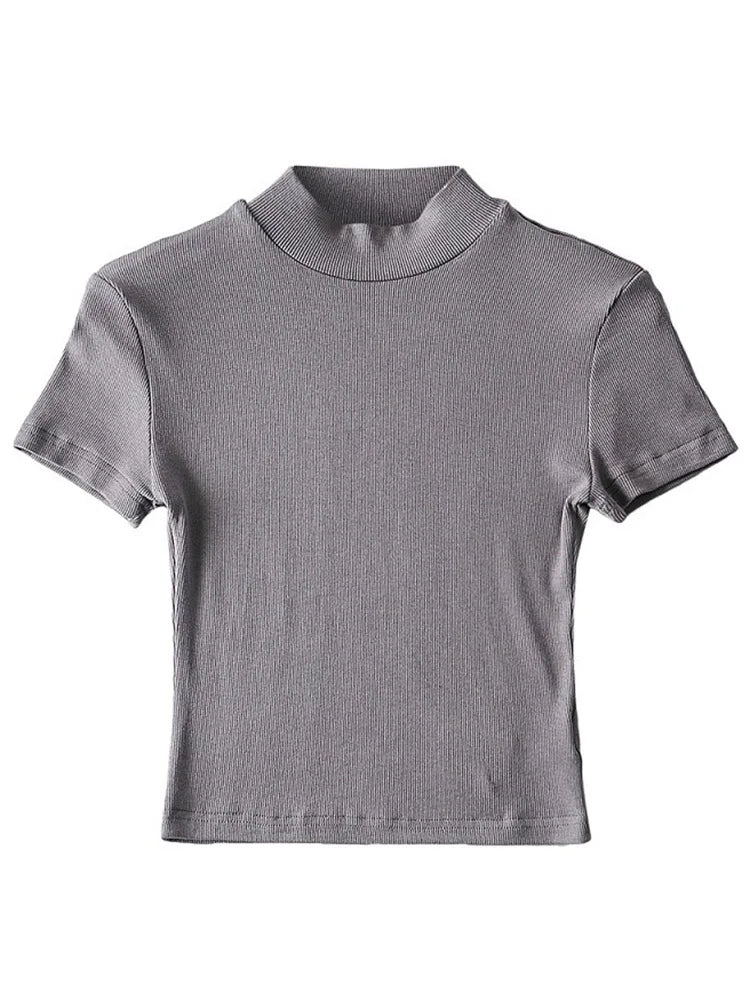 Women High Neck Fitted Short Sleeve T-shirt Rib Crop Rib Top