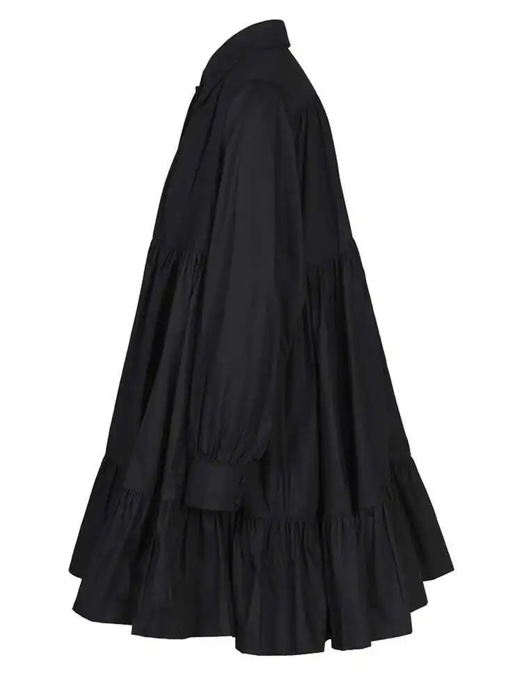 Women Black Pleated Elegant Mini Shirt Dress New Lapel Long Sleeve Loose Fit Fashion Tide Spring Autumn 2025 1DE365901