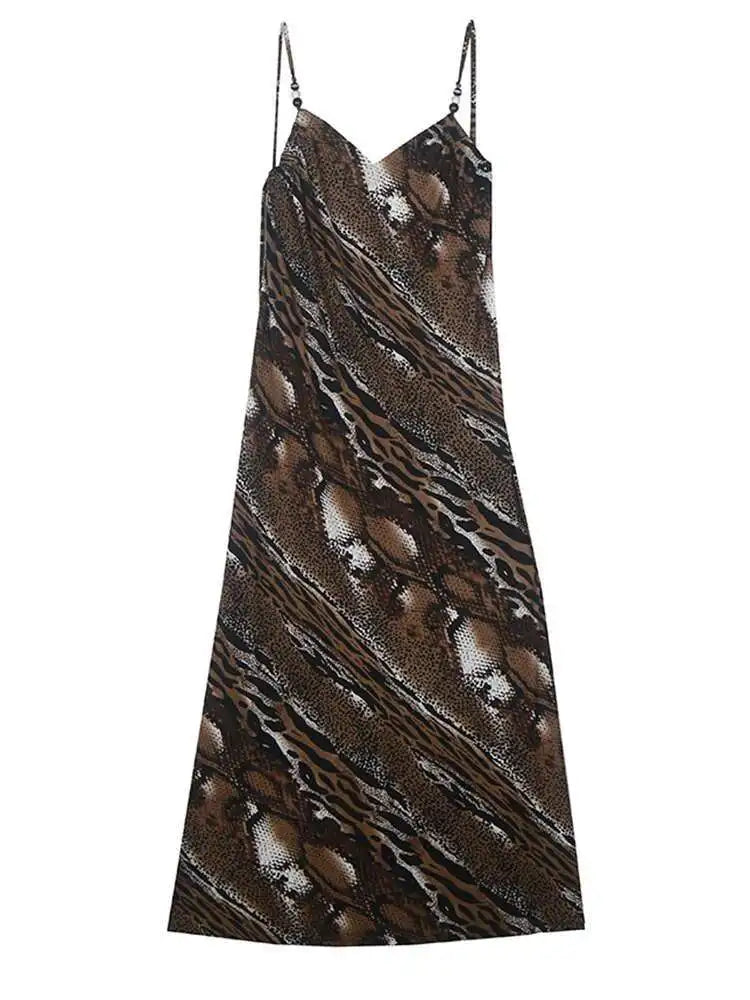 Women Coffee Leopard Printed Long Spaghetti Strap Dress New Square Collar Sleeveless Fashion Spring Autumn 2025 1DH8446