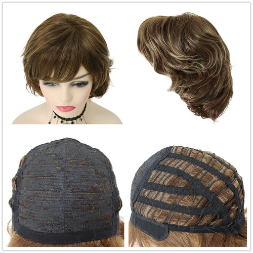 Load image into Gallery viewer, Short Curly Wig with Bangs Synthetic Hair Mommy Wigs Brown Color Natural Hairstyles Layered Mix Brown Wigs for Women Daily Wear
