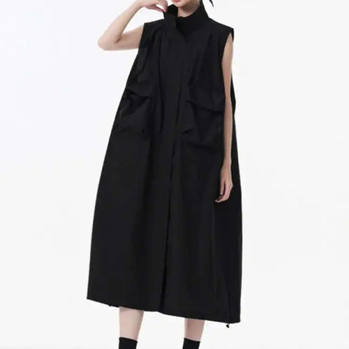 Load image into Gallery viewer, Women Green Pocket Hem Drawstring Big Size Vest Dress New Stand Collar Sleeveless Fashion Tide Spring Autumn 2025 1DJ0147

