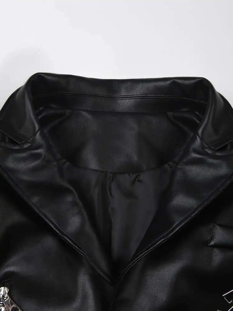 Women Black Pu Leather Zipper Big Size Casual Blazer New Lapel Long Sleeve Jacket Fashion Tide Spring Autumn 2025 CPG1010