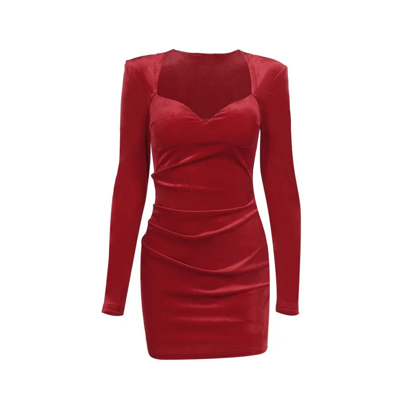 Velvet Long Sleeve Sexy Mini Dress For Women Autumn Winter New Square Collar Bodycon Ruched Club Party Dress Elegant