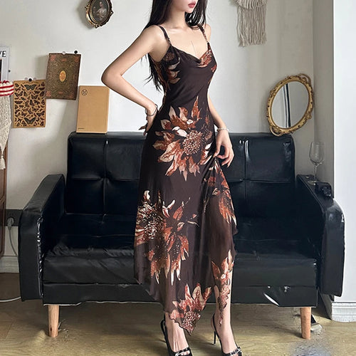 Load image into Gallery viewer, Asymmetrical Flowers Printing Mesh Dress Women Vintage Fashion Y2K Aesthetic Summer Midi Dress Party Sleeveless Chic
