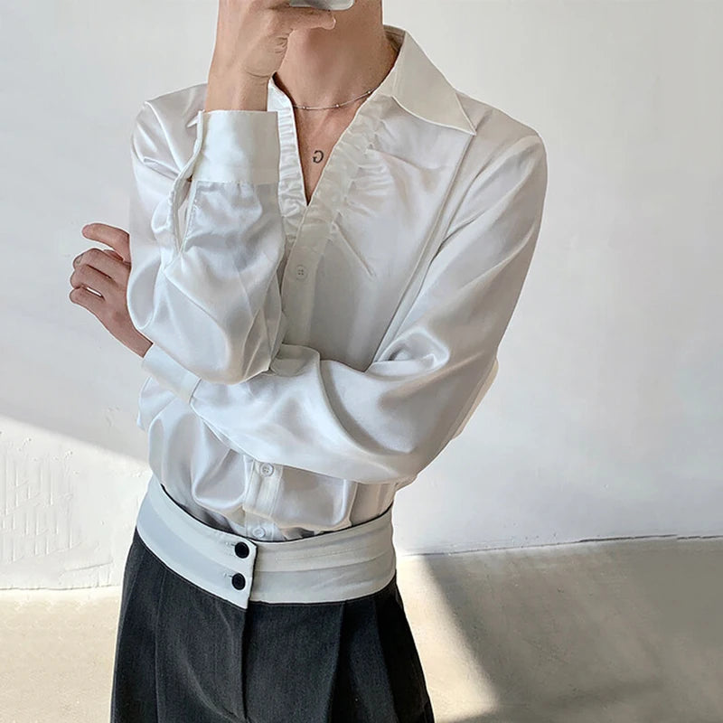 Men's Shirts Long Sleeve New Summer Male Turn-down Collar Trendy Pleated Solid Color Handsome Single Breasted Top 9W1699