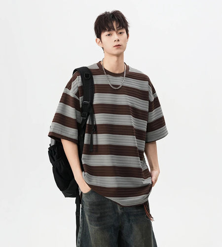 Striped Male Short Sleeve T-shirts New Summer Round Neck Design Pullover Fanshion Stylish Men's Loose Clothing 9W1667