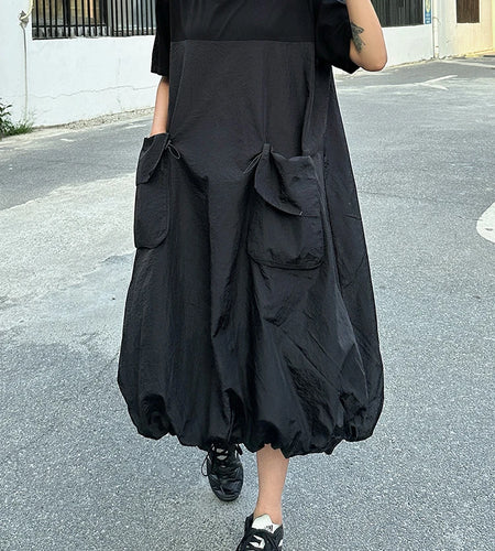 Women Black Drawstring Pocket Big Size Midi Dress New Round Neck Shhort Sleeve Fashion Tide Spring Summer 2025 1DJ0773