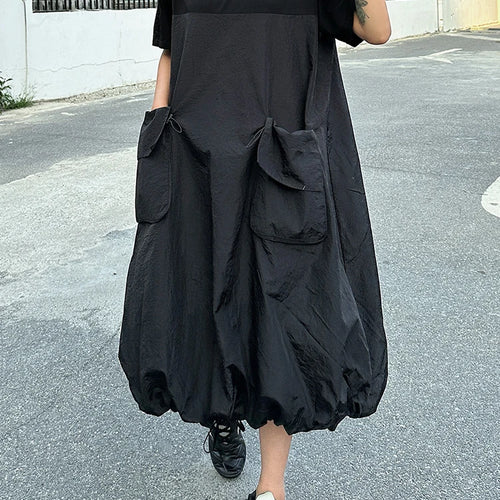 Load image into Gallery viewer, Women Black Drawstring Pocket Big Size Midi Dress New Round Neck Shhort Sleeve Fashion Tide Spring Summer 2025 1DJ0773
