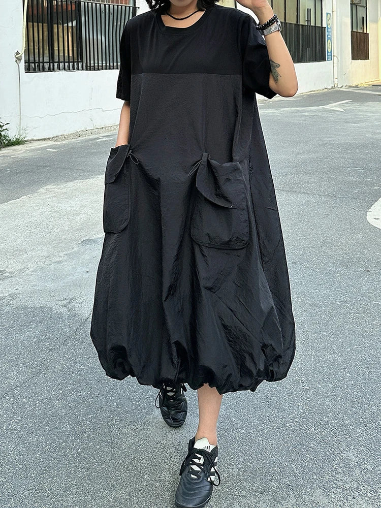 Women Black Drawstring Pocket Big Size Midi Dress New Round Neck Shhort Sleeve Fashion Tide Spring Summer 2025 1DJ0773