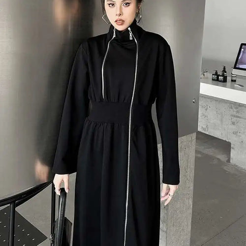 Load image into Gallery viewer, Women Black Zipper Irregular Hem Slit Midi Dress New Turtleneck Long Sleeve Fashion Tide Spring Autumn 2025 1DH9354
