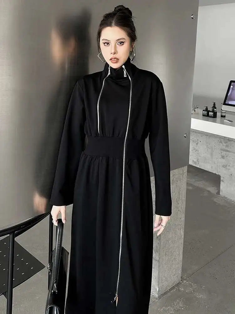 Women Black Zipper Irregular Hem Slit Midi Dress New Turtleneck Long Sleeve Fashion Tide Spring Autumn 2025 1DH9354