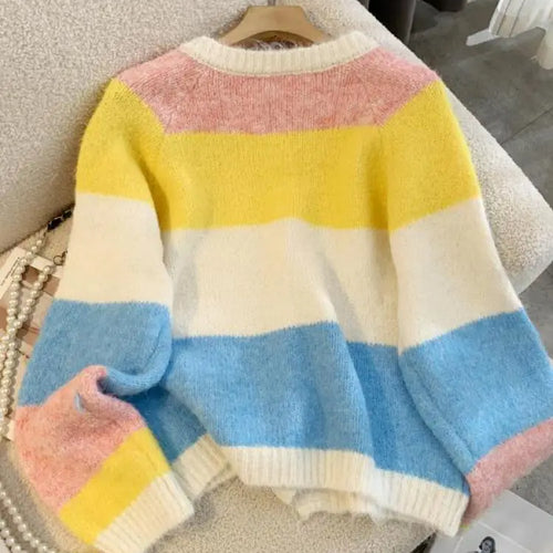 Load image into Gallery viewer, Autumn Winter Sweet Vintage Rainbow Striped V-neck Cardigan Long Sleeve Sweater Woman Elegant Festival Single Breasted Knit Tops
