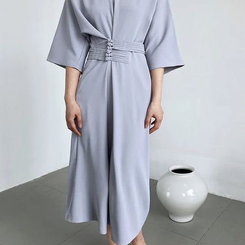 Load image into Gallery viewer, Women Black Buckle Long Elegant Dress New Round Neck Three-quarter Sleeve Loose Fit Fashion Spring Autumn 2025 1DE7880
