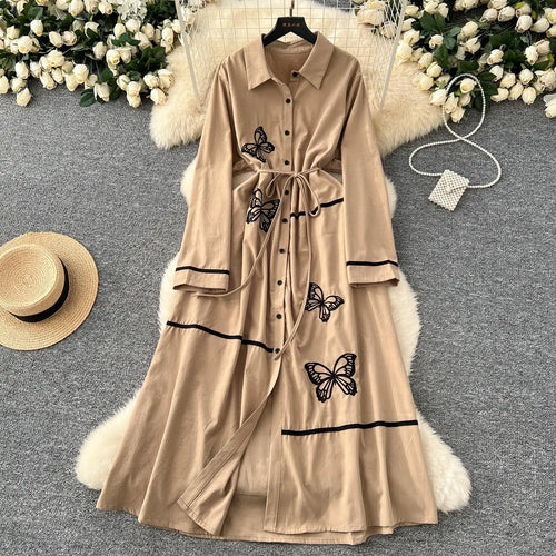 Load image into Gallery viewer, French Women Butterfly Embroidery Elegant Lace-up Shirt Long Dress 2025 Autumn New Retro Long Sleeved Button Holiday Party Dress
