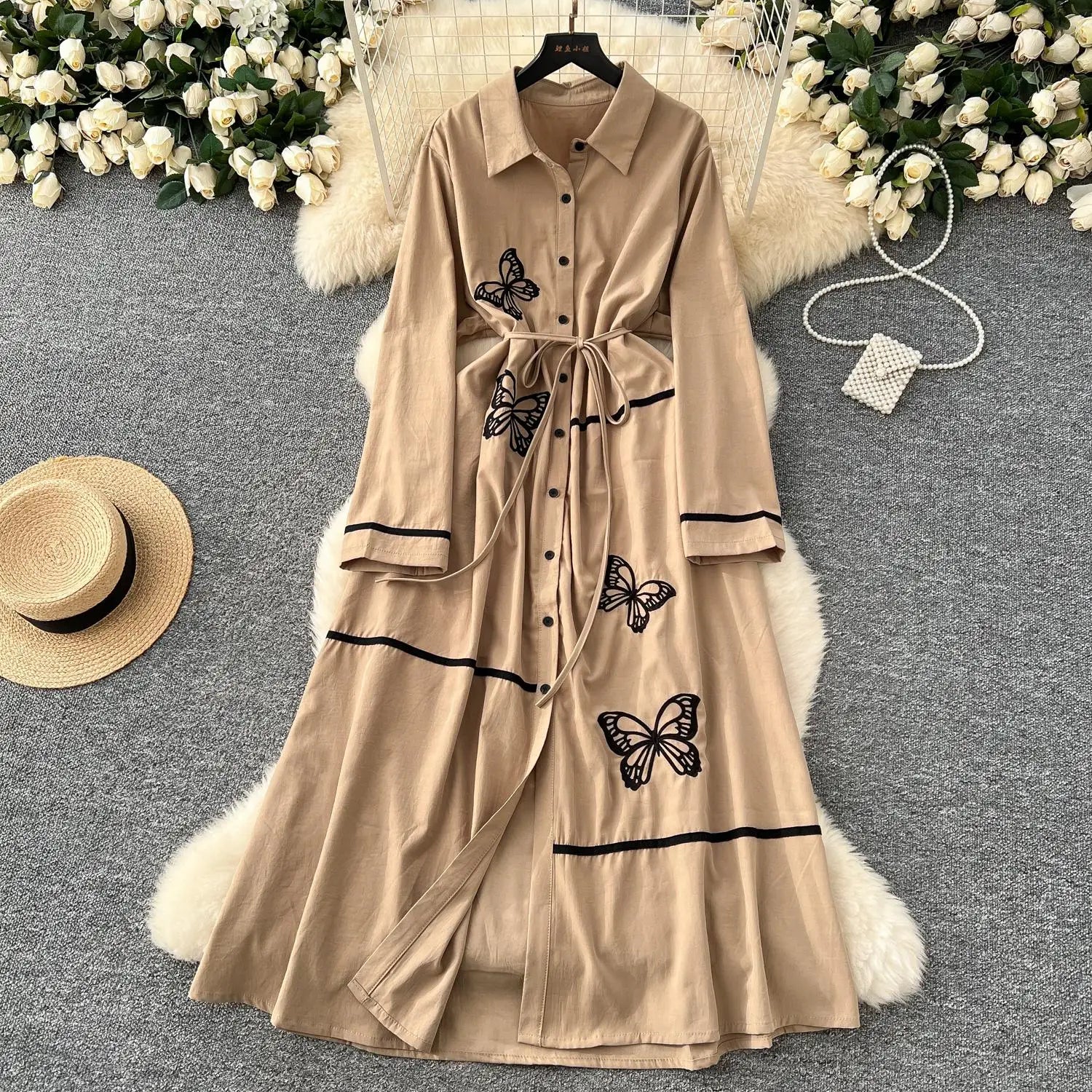 French Women Butterfly Embroidery Elegant Lace-up Shirt Long Dress 2025 Autumn New Retro Long Sleeved Button Holiday Party Dress