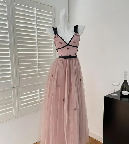 French Pink Patchwork Diamond V Neck High Waist Pleated Slip Dress For Women Summer 2025 New Backless Vacation Evening Dress New