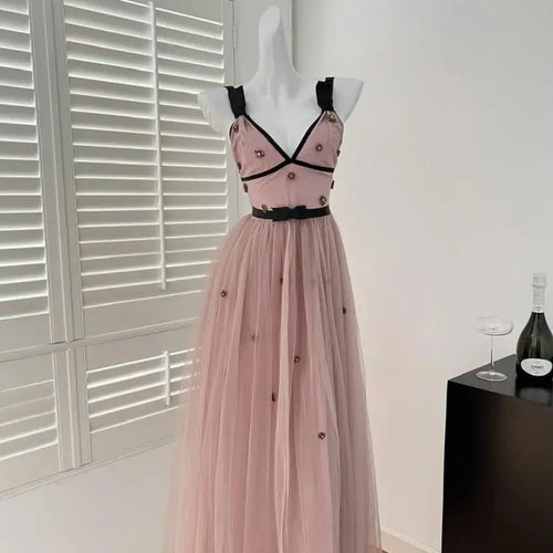 Load image into Gallery viewer, French Pink Patchwork Diamond V Neck High Waist Pleated Slip Dress For Women Summer 2025 New Backless Vacation Evening Dress New
