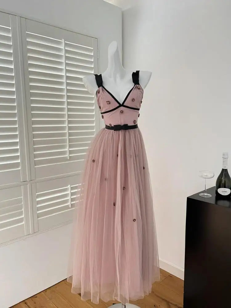French Pink Patchwork Diamond V Neck High Waist Pleated Slip Dress For Women Summer 2025 New Backless Vacation Evening Dress New