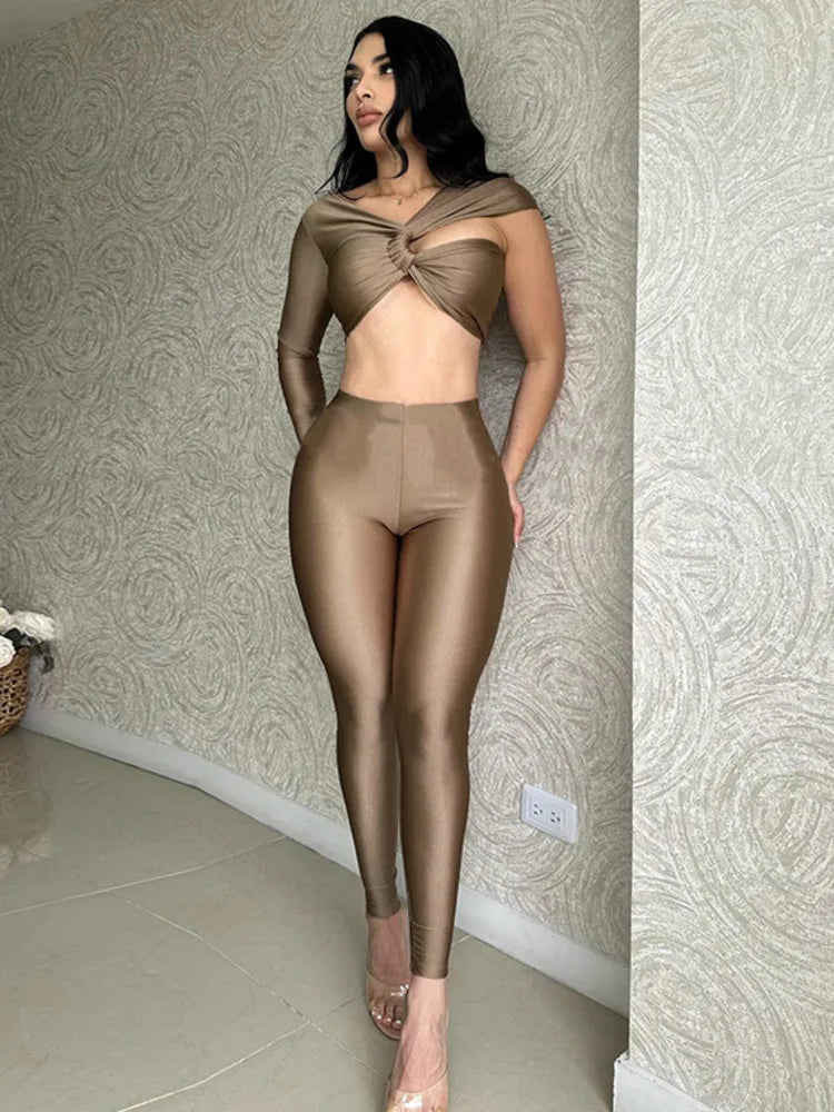 Sexy Single Sleeve Backless Tight Pants Two-piece Set For Women Spring 2025 Slim Hollow High Waisted Female Casual Set