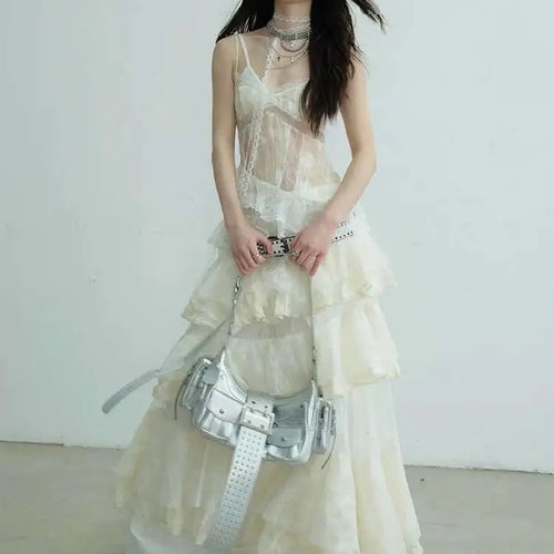 Load image into Gallery viewer, Women Beige Lace Perspective Long Spaghetti Strap Dress New V-Neck Sleeveless Fashion Tide Spring Autumn 2025 1DJ0684
