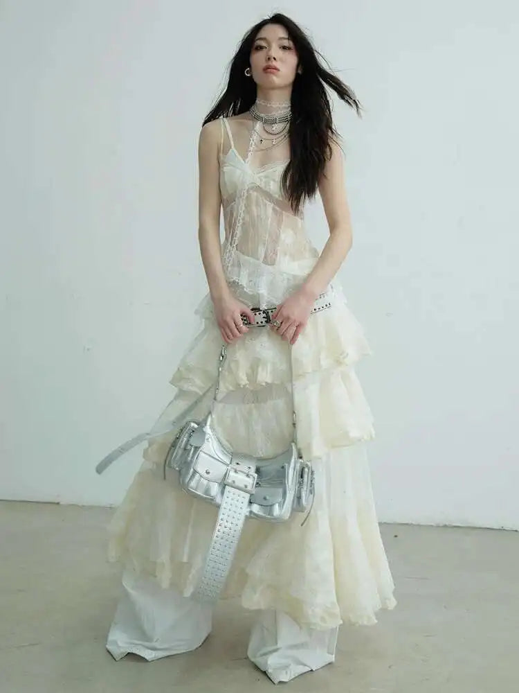 Women Beige Lace Perspective Long Spaghetti Strap Dress New V-Neck Sleeveless Fashion Tide Spring Autumn 2025 1DJ0684