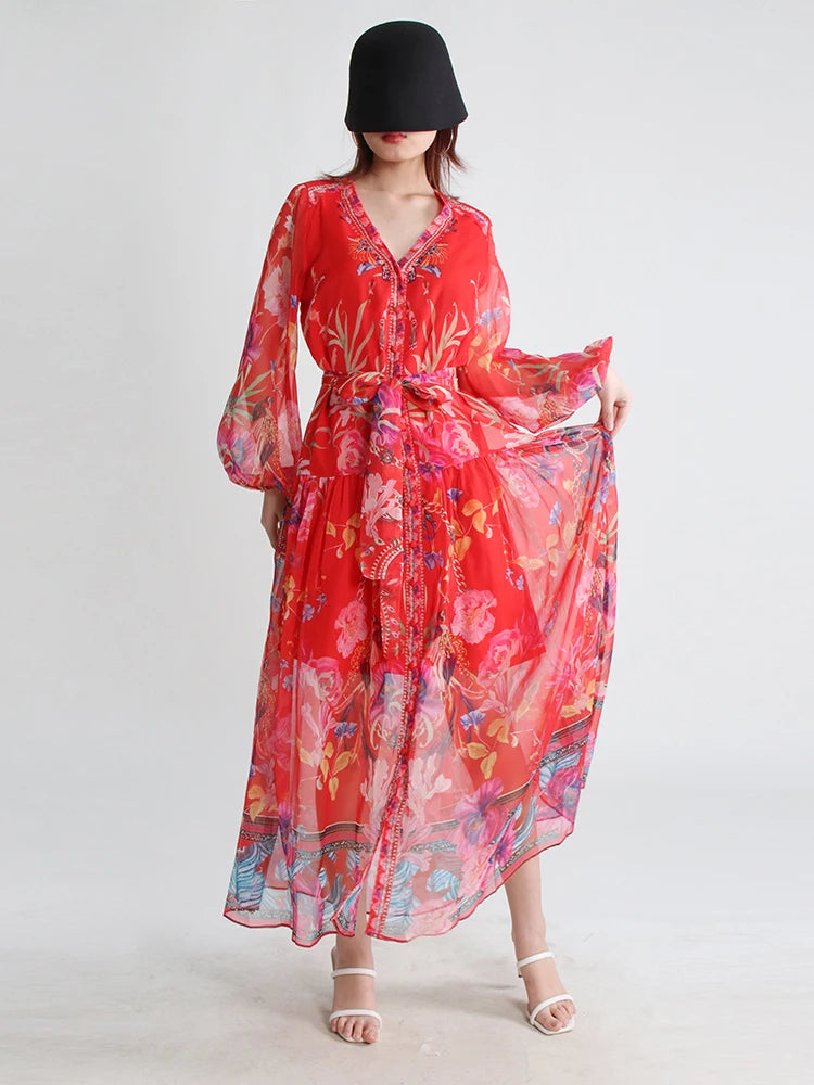 Spring Floral Dresses For Women V Neck Lantern Sleeve Gatheres Waist Patchwork Lace Up Long Dress Female Fashion Clothes New