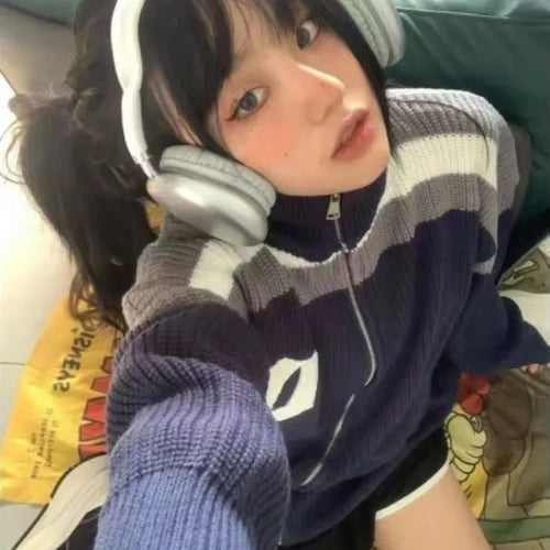 Load image into Gallery viewer, Zipper Harajuku Oversized Cardigans Women Autumn Winter All Match Ins Elegant Sweaters Loose Contrast Color Knitted Coats Y2k
