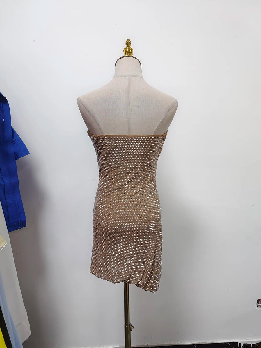 Solid Spliced Diamonds Slimming Dresses For Women Strapless Sleeveless High Waist Hollow Out Dress Female Fashion