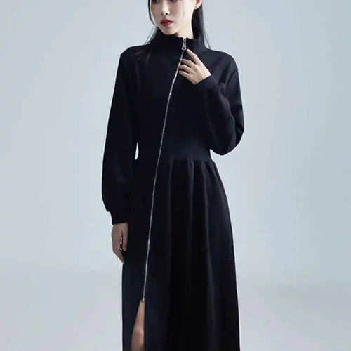 Load image into Gallery viewer, Women Black Zipper Slit Big Size Midi Dress New Half High Collar Long Sleeve Loose Fit Fashion Spring Autumn 2025 1DH2442

