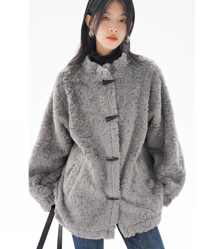 Winter Clothing Grey Lambhair Coat for Women O-neck Casual Thicked Outwear 2024 Ropa Mujer Vintage Fashion Korean Jackets Tops