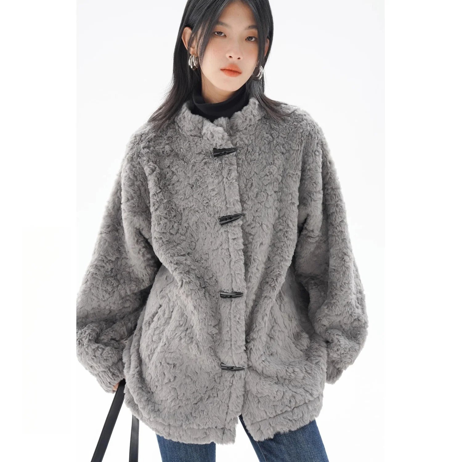 Winter Clothing Grey Lambhair Coat for Women O-neck Casual Thicked Outwear 2024 Ropa Mujer Vintage Fashion Korean Jackets Tops