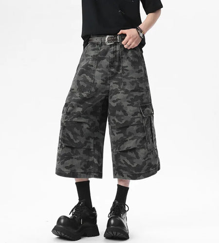 Men's Denim Shorts New Summer Camouflage Printing Waistband Buckle Cargo Design Pleated Seven Quarter Short Jeans 9W1540
