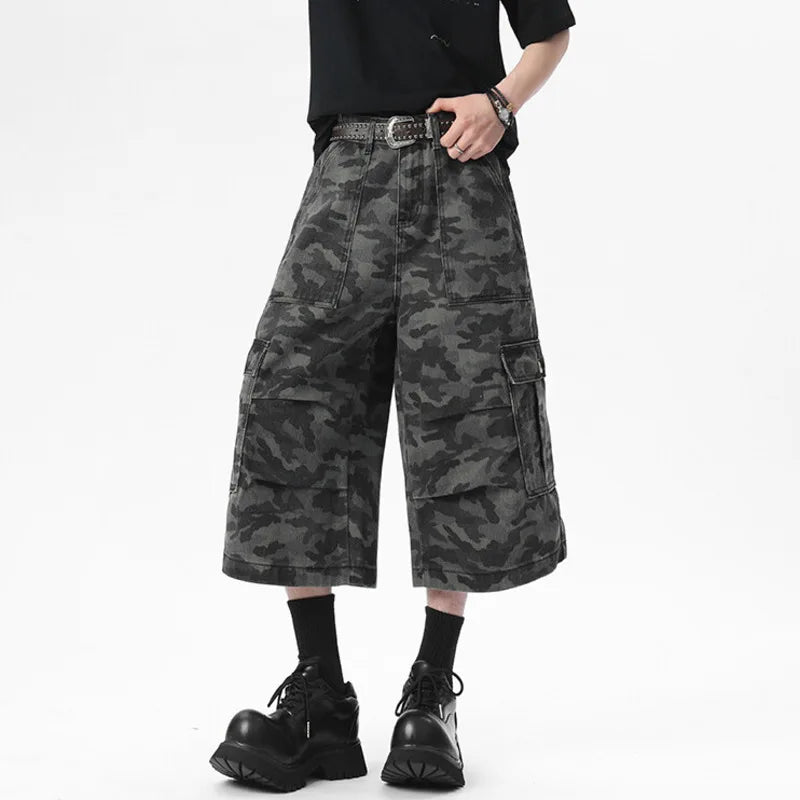 Men's Denim Shorts New Summer Camouflage Printing Waistband Buckle Cargo Design Pleated Seven Quarter Short Jeans 9W1540