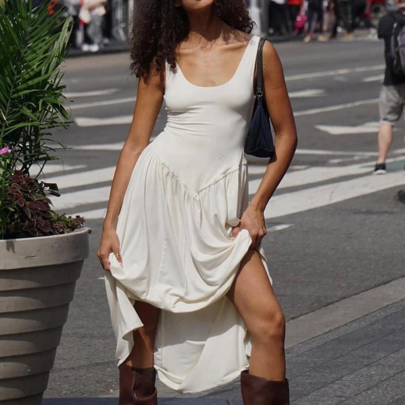 Streetwear White Tank Long Dress Holidays Basic Fashion Sleeveless Folds A-Line Summer Dress Female Korean Beach New