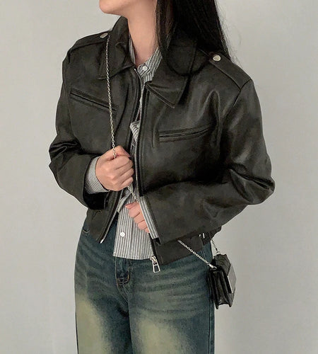 Fashion Black Cropped Autumn Jacket for Women 2023 Zip-Up All-Match PU Leather Jackets Coat Outfits Basic Full Sleeve