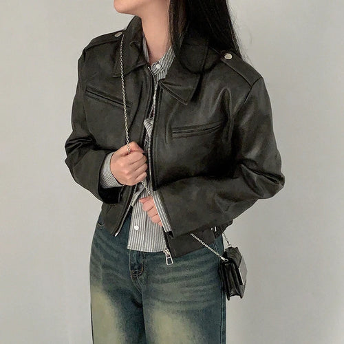 Load image into Gallery viewer, Fashion Black Cropped Autumn Jacket for Women 2023 Zip-Up All-Match PU Leather Jackets Coat Outfits Basic Full Sleeve
