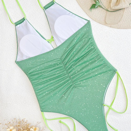 Load image into Gallery viewer, Green Halter One Piece Swimsuit 2024 Drawstring Swimwear for Women Sexy Bathing Suit High Waist Monokini
