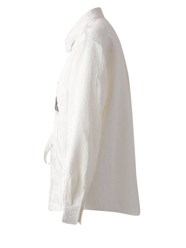 Women Beige Button Jacquard Bandage Big Size Blouse New Lapel Long Sleeve Shirt Fashion Tide Spring Autumn 2025 CPG3221