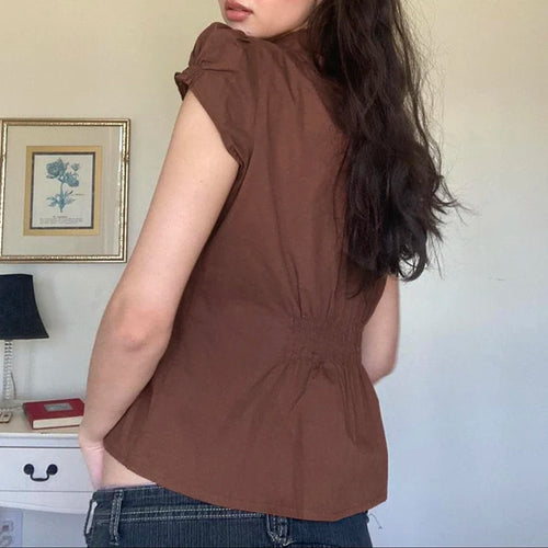 Load image into Gallery viewer, Fashion Chic Brown Summer Shirts Female Folds Slim-Waist Vintage Y2K Top Buttons Pleated Blouse Cropped Clothes 2024
