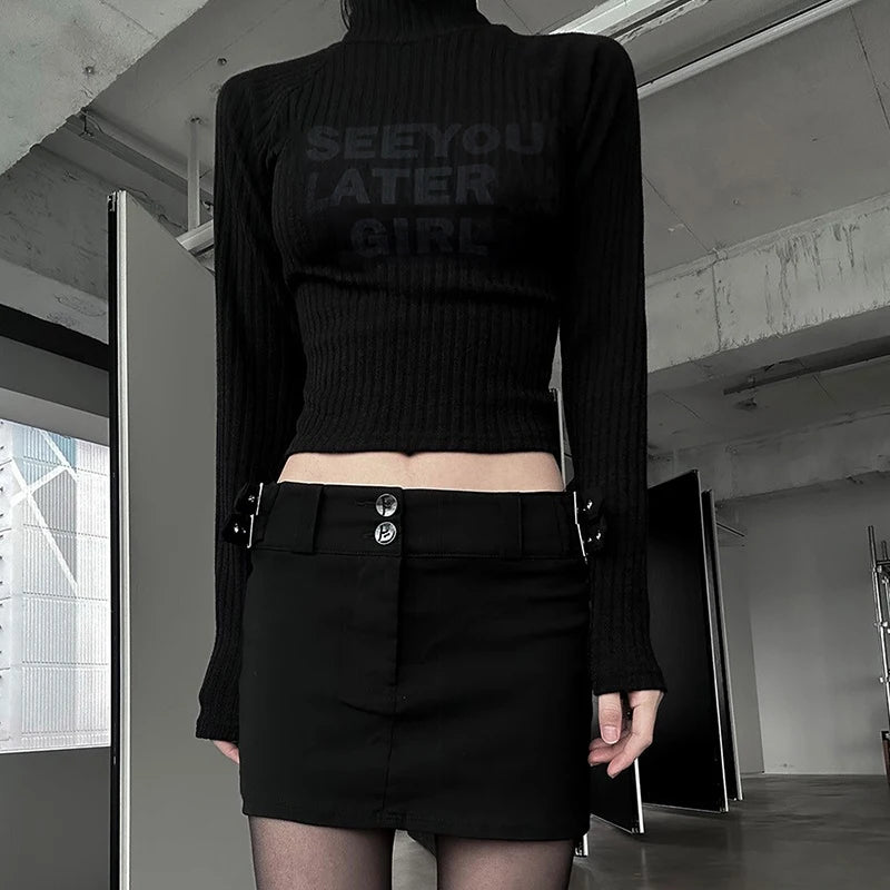Casual Black Bodycon Knitted Autumn Tee Pullover Slim Letter Printed Turtleneck T shirt Female Cropped Top Clothing
