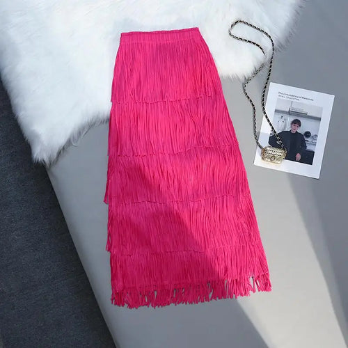 Load image into Gallery viewer, Five-layer Fringed Cake Skirt Women All-match Slim Elastic Waist Design Straight Tube Skirt Tassel Hem Solid Midi Skirts Female
