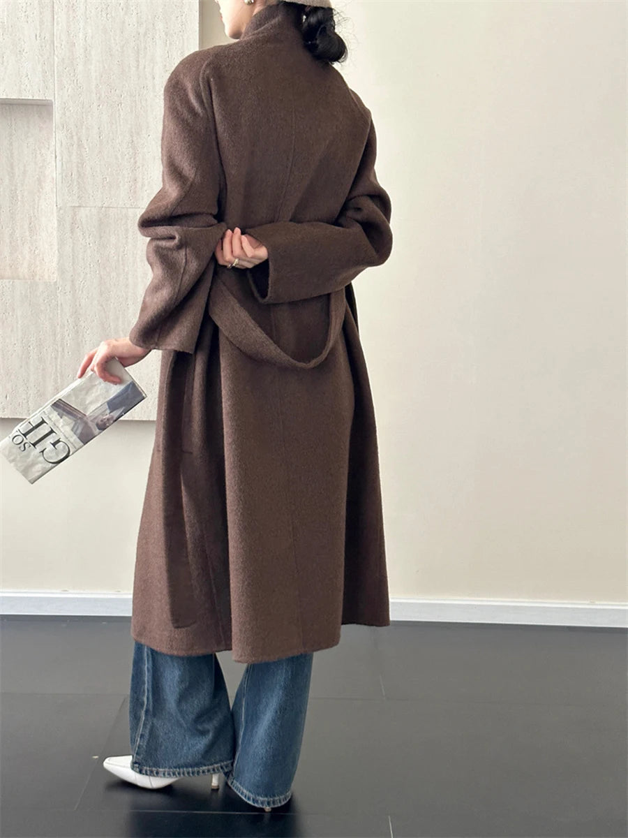 Solid Loose Patchwork Pocket Overcoat For Women Stand Collar Long Sleeve Spliced Button Minimalist Long Coat Female