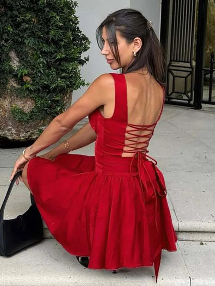 Red Backless Sexy Mini Dress Women Summer New Sleeveless Backless High Waist A-line Club Party Elegant Dress 2025