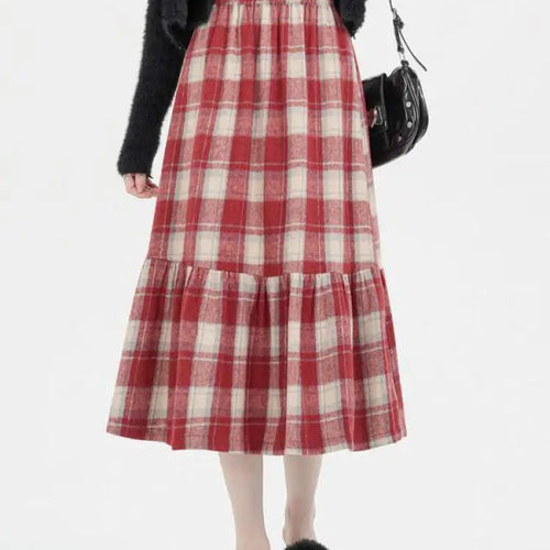 Load image into Gallery viewer, French Vintage Autumn Winter Red Plaid Elegant Pleated Long Skirt For Women's High Waist Festival Ruffles A-line Skirts 2024 New
