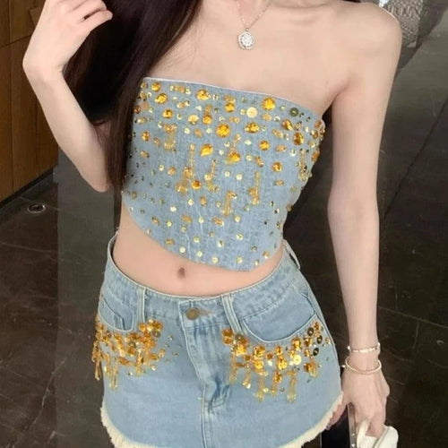 Load image into Gallery viewer, Hit Color Spliced Diamonds Two Piece Set For Women Strapless Top High Waist Skirts Sets Female Fashion Style New
