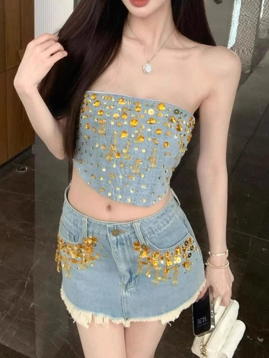 Hit Color Spliced Diamonds Two Piece Set For Women Strapless Top High Waist Skirts Sets Female Fashion Style New