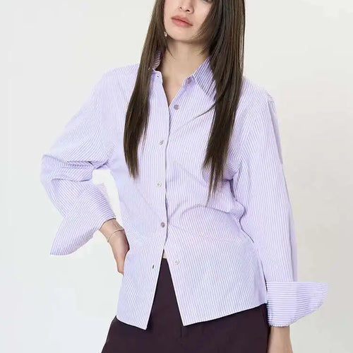 Load image into Gallery viewer, Women Purple Striped Backless Bandage Slim Blouse New Lapel Long Sleeve Shirt Fashion Tide Spring Autumn 2025 1DJ0065
