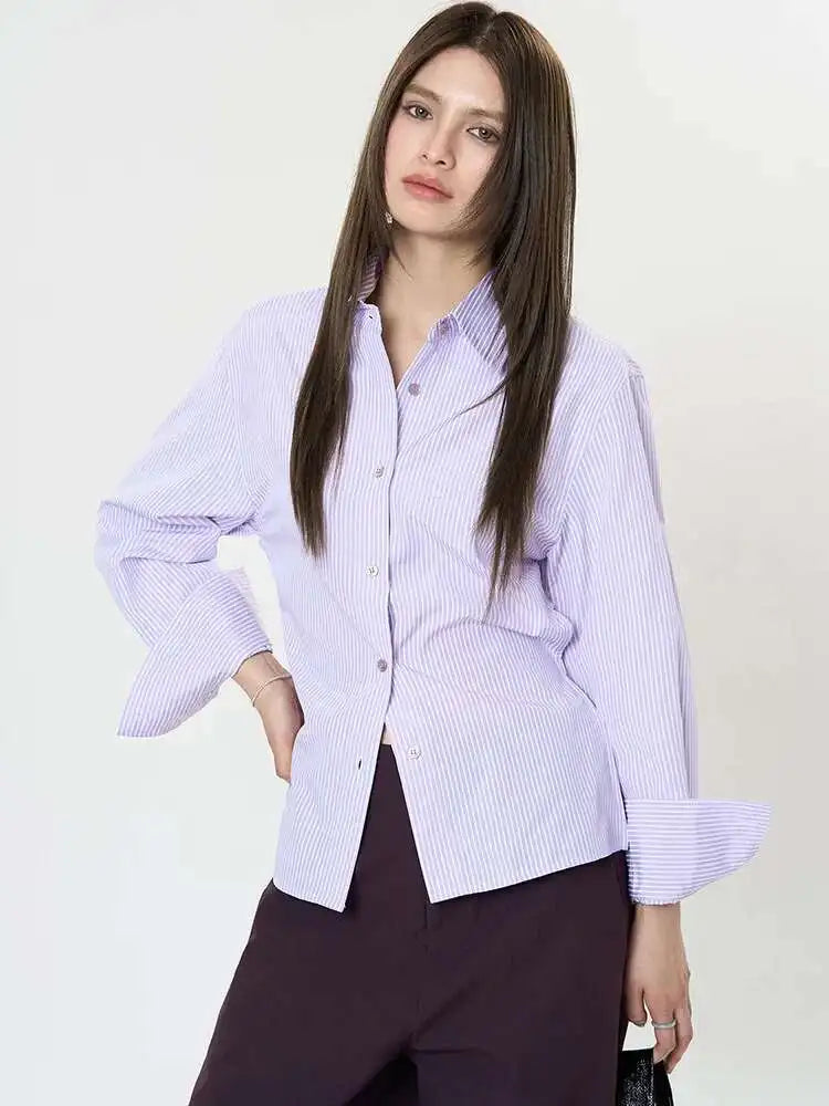 Women Purple Striped Backless Bandage Slim Blouse New Lapel Long Sleeve Shirt Fashion Tide Spring Autumn 2025 1DJ0065
