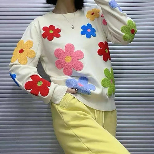 Load image into Gallery viewer, Korean Floral Embroidery Pullover Sweater High Quality Women Elegant O Neck Knitted Tops C-089
